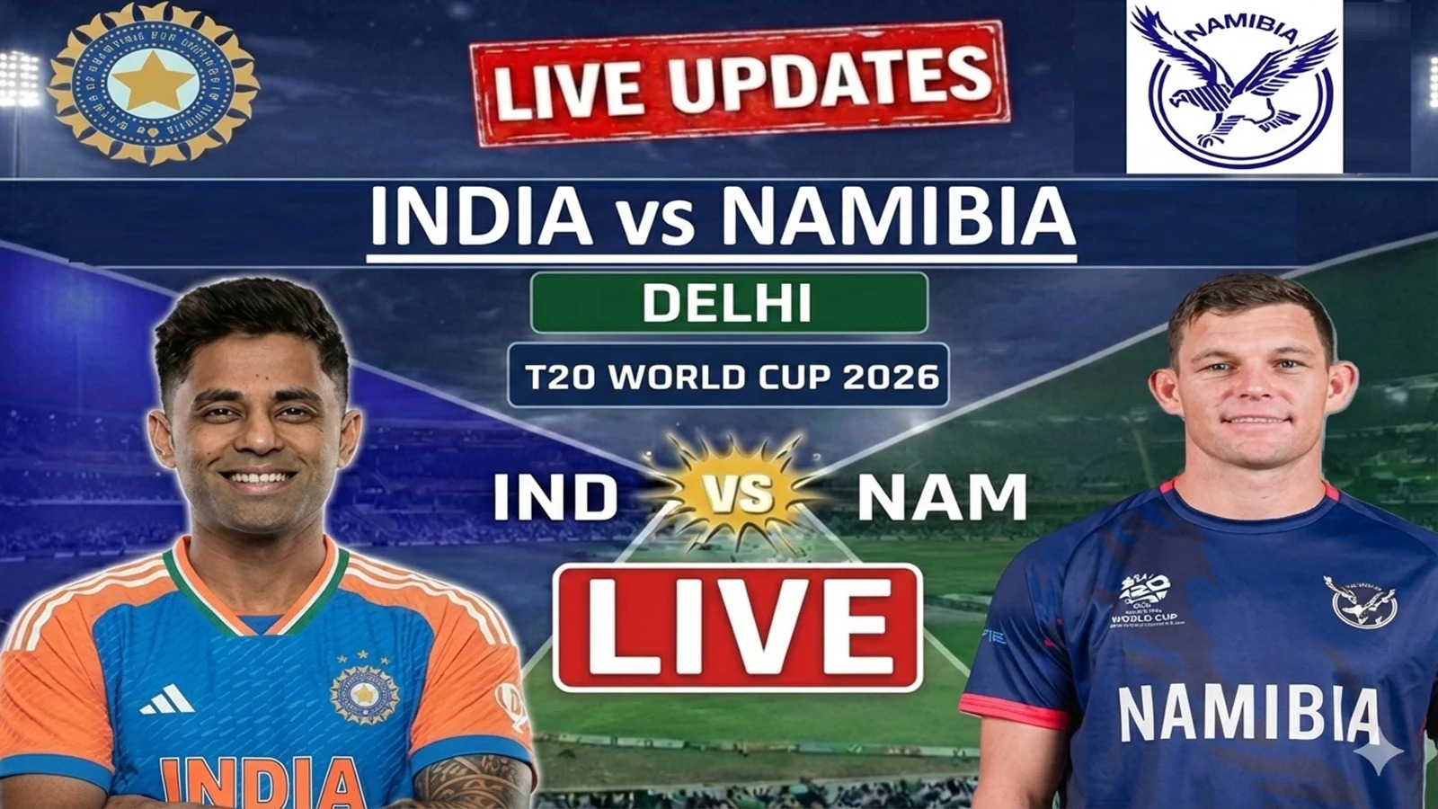India vs Namibia Live Cricket Score, T20 World Cup 2026: Hardik-Dube put on 50-run stand for IND vs NAM at Delhi